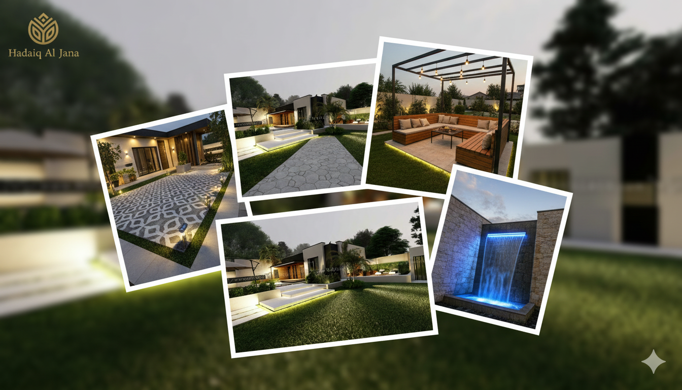 تجديد فناء الفيلا بتنفيذ غرفة زجاجية عصرية مع تنسيق حدائق وممرات وإضاءة حديثة وشبكة ري متطورة.